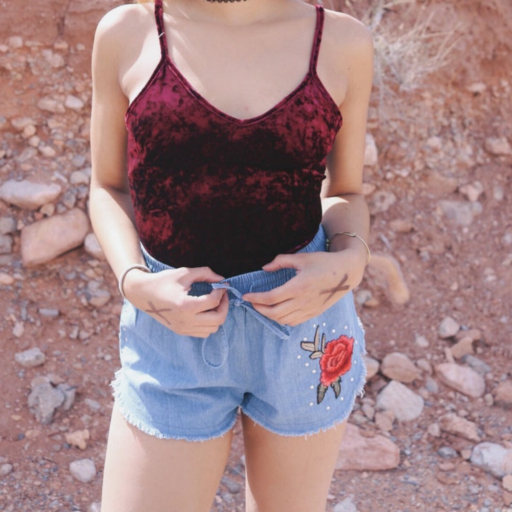Denim Shorts With Rose Applique